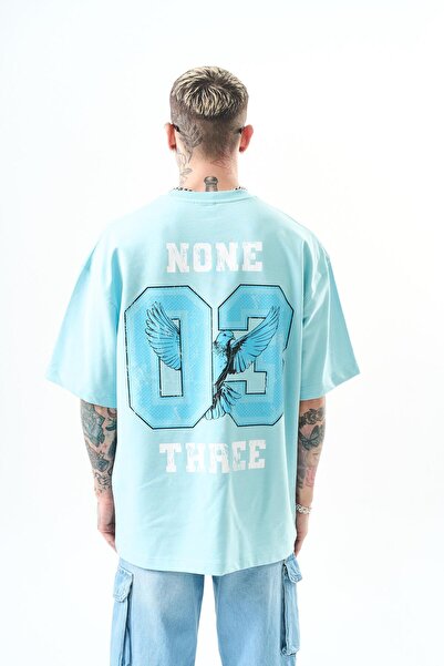 Respire Erkek None Three Baskılı Oversize T-Shirt Bebe Mavi