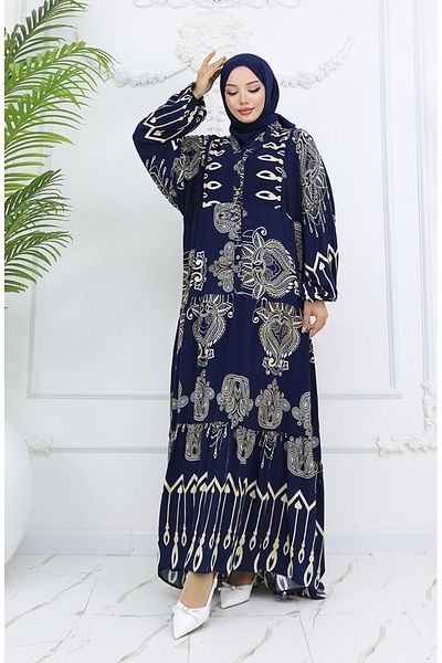 sefamerve Φόρεμα βισκόζης με μισό κουμπί Alaçatı 0040-02 Navy Blue