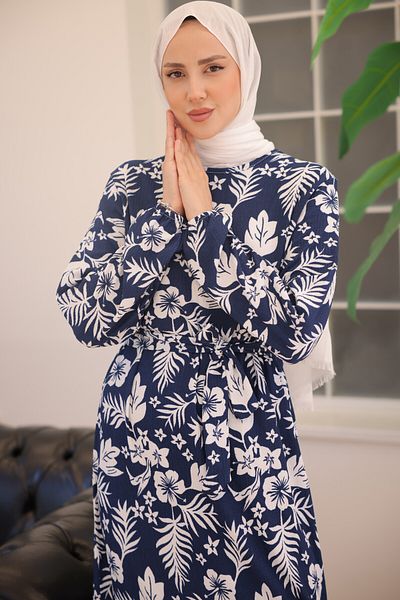 giyze Floral Patterned Dress Navy Blue 2342