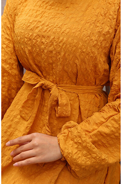 sefamerve Seersucker Fabric Sleeve Elastic Belted Dress 2020-04 Mustard