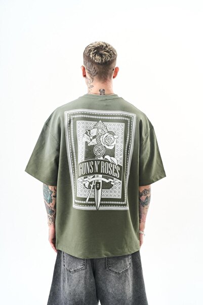 Respire Erkek Guns Roses Baskılı Oversize T-Shirt Haki