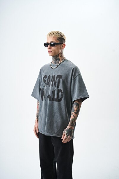 Respire Men's Gray Oversize T-Shirt Star Printed Washable