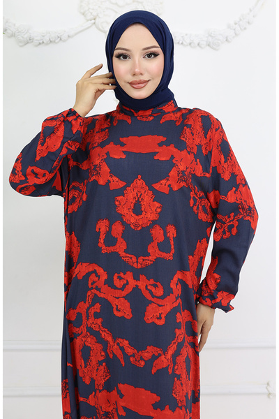 sefamerve Viskon Kumaş Kolu Lastikli Desenli Elbise 2018-04 Kırmızı