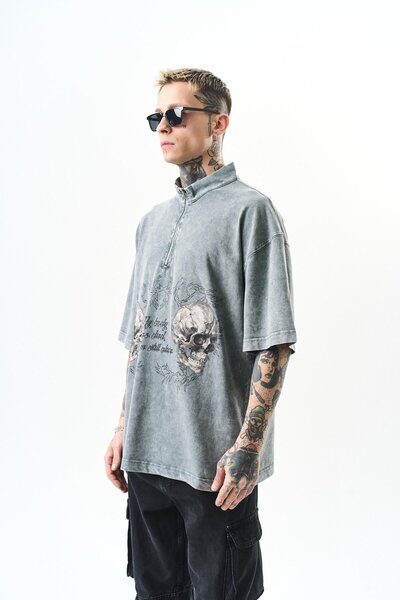 Respire Men's Gray Still Alive Printed T-Shirt Half Zipper Oversize