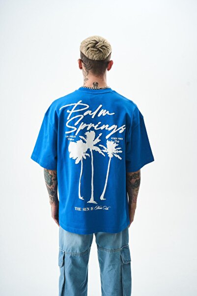 Respire Tricou oversize cu imprimeu palmier pentru bărbați, albastru