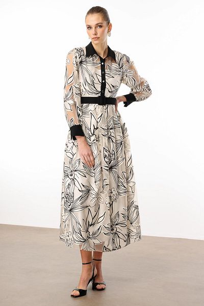 Moda İlgi Modailgi Waist Belted Floral Patterned Organza Dress Original