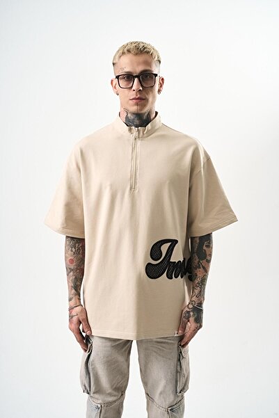 Respire Tricou oversize bej pentru bărbați, brodat cu jumătate de fermoar