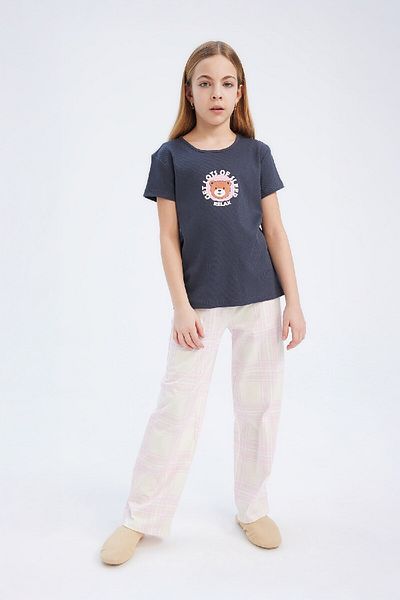 DeFacto Geripptes Pyjama-Set für Mädchen – Camisole-Druck, kurze Ärmel, Oberteil und langer Boden E2221a825sm