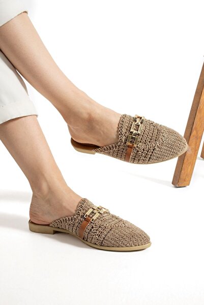 AlbiShoes Γυναικείες παντόφλες με αλυσίδα κλειστή μπροστά Ψάθινη δαντέλα πλεκτά casual σανδάλια παντόφλες καλοκαιρινές παντόφλες