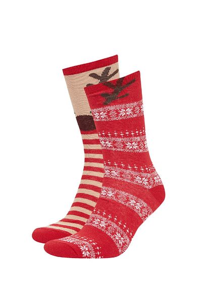 DeFacto Women's Christmas Themed Cotton 2-Piece Long Socks W6812azns