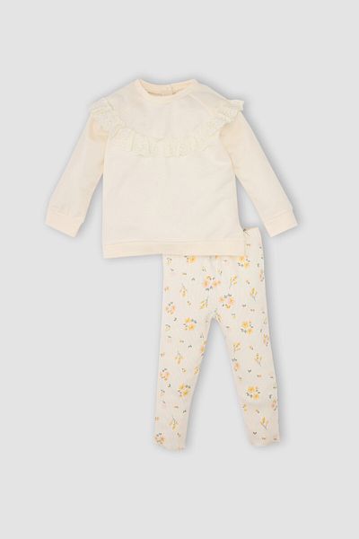 DeFacto Baby Girl 2 Piece Set Embroidered Crew Neck Sweatshirt Top Flexible Waisted Floral Bottom D4117A524Wn