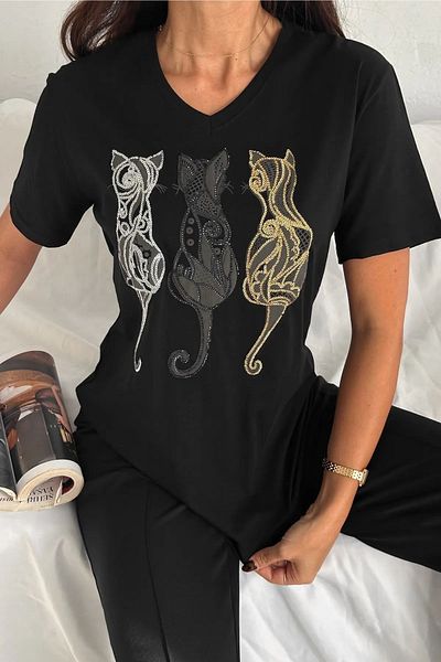 FEMELLE Women's Black V-Neck Large Size Cat Sequin Sequin Embroidered 100% Cotton T-Shirt
