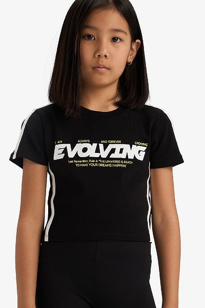 DeFacto Girl's Slim Fit Slim Fit Crew Neck Printed Corded Camisole Short Sleeve T-Shirt E1898A825Sm