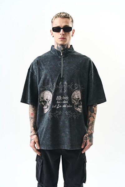 Respire Erkek Still Alive Baskılı Yarım Fermuarlı Yıkamalı Oversize T-Shirt S...