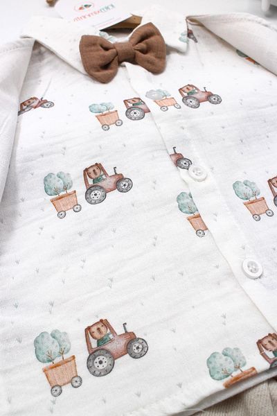 VİTRİNMİXMİNİ Cotton 100% 3 Piece Natural Tractor Printed Baby Boy Linen Vest Set Brown