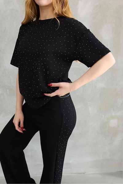 ruNadeS Women's Black Modal Soft Fabric Crew Neck Stone Detailed Short Sleeve Tracksuit Set