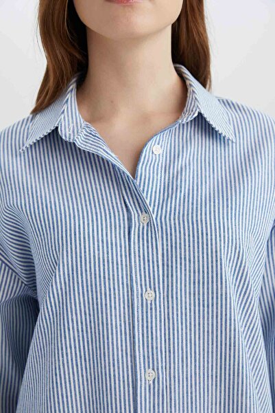 DeFacto Relax Fit Çizgili Oxford Basic Düz Uzun Kollu Gömlek Tunik D4772AX25SP