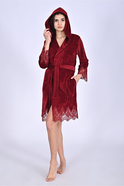 Nuşa Dantelli Kısa Kapüşonlu Niki Kadife Bambu Cotton Sabahlık