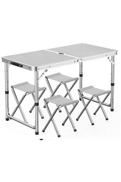 Cady One 5-Piece Folding Camping Table and Chair Set, Silver and Black