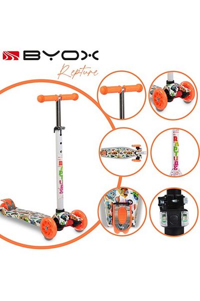 OEM Children's scooter 3-5 years old, Byox Rapture Orange, light weight, wheels with lights and adjustable handlebars
