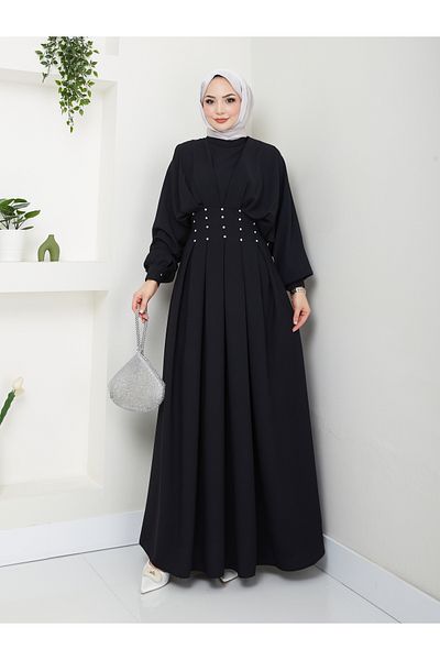 VOLT CLOTHİNG Women's Balloon Sleeve Pleated Stone Dress