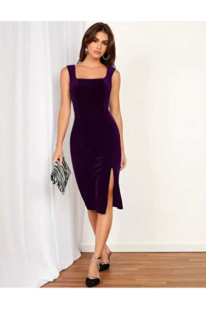 elissaa KALIN ASKILI KADİFE YITRMAÇLI MİDİ ELBİSE