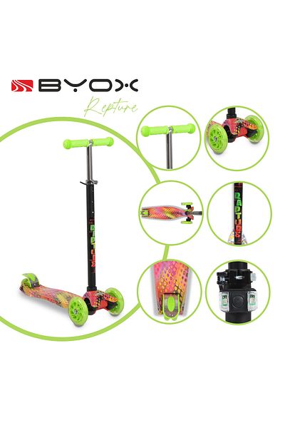 OEM Children's scooter 3-5 years old, Byox Rapture Green, light weight, wheels with lights and adjustable handlebars