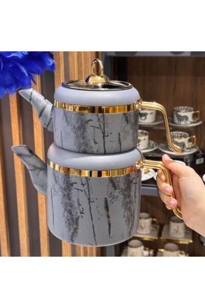 Sever Belariva Marble Mermer Desenli Granit Çaydanlık | Demlik Üst 1,25 L Çaydanlık Alt 2,25 L