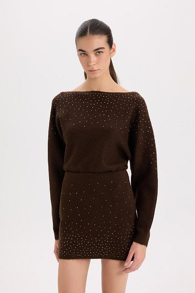 DeFacto Basic Knitwear Sweater with Boat Neck Stone Detail - Regular Fit E2286Ax24Wn