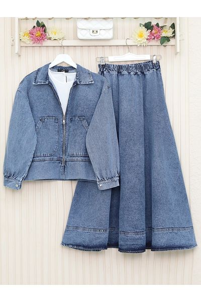 Modamorfo Ice Blue so Buttoned Zippered Effect Denim Suit