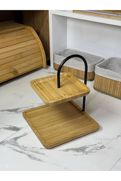 ERKUGO Blissra Bamboo Presentation Stand, Presentation Stand, Double Layer Presentation Stand, Bamboo Square Black Presentation Stand
