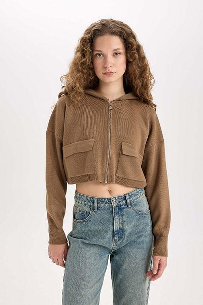 DeFacto Regular Fit Hooded Basic Plain Zippered Knitwear Cardigan E2270Axns