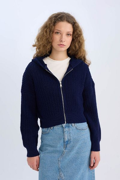 DeFacto Regular Fit Hooded Zippered Knitwear Cardigan E2269Axns