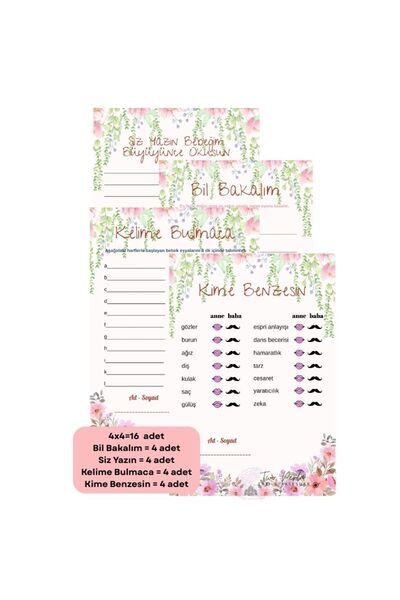TWO PERLA Çiçek Temalı Baby Shower Oyun Kartları 4 Kişilik 16 Adet