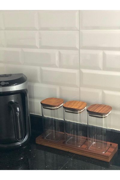 AR&MA WOOD Set of 3 300 ml Wooden Lid Spice Rack with Wooden Stand Bathroom Organizer Acrylic Storage Container