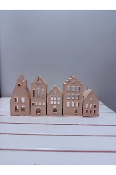 mythos Beton 5’li Ev Tealight Mumluk Dekoratif İskandinav Evler Uçuk pembe