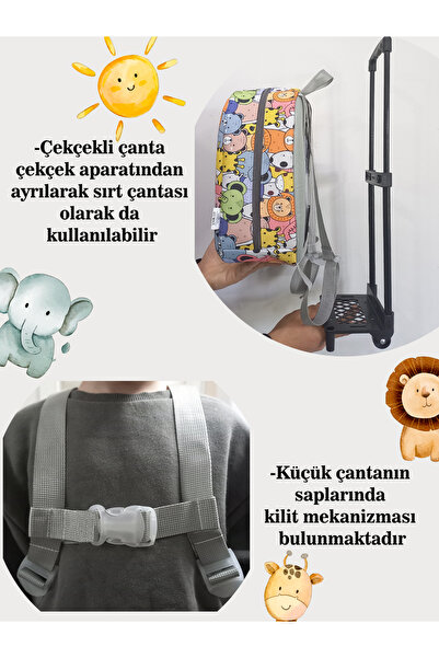 migie Kişiye Özel İsimli Çekçekli Çanta ve Sırt Çantası Anaokulu/Kreş Seti (2'li Set) Zoo 2-6 Yaş
