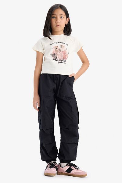 DeFacto Girl's Fitted Crew Neck Printed Short Sleeve T-Shirt E1825A825Sm