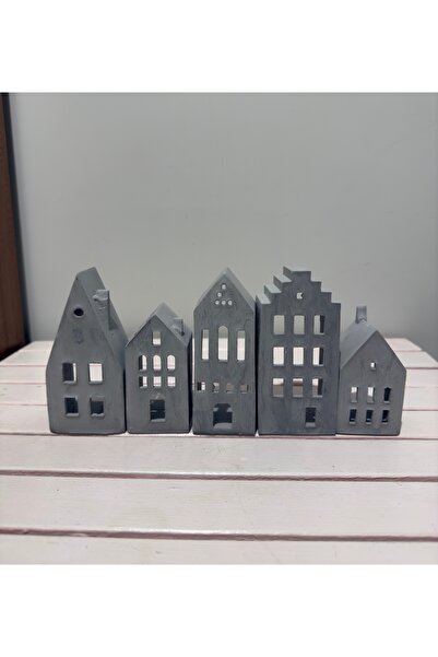 mythos Beton 5’li Ev Tealight Mumluk Dekoratif İskandinav Evler Gri