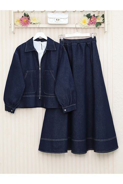 Modamorfo Buttoned Zippered Skirt Denim Suit - Navy