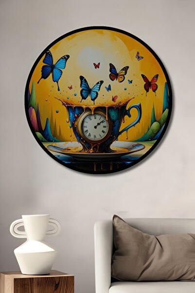 Teona Ahşap Çerçeve Görünümlü Saatli Çay Fincanı ve Kelebekler Yağlı Boya Gör...