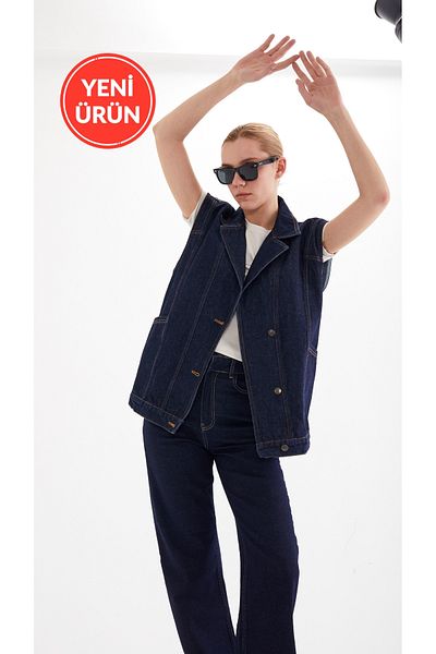 Perryes Women's Side Pocket Detailed 100% Cotton Denim Vest