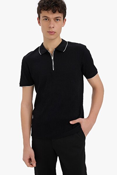 DeFacto Slim Fit Slim Fit κοντομάνικο μπλουζάκι με μισό φερμουάρ μαύρο μπλουζάκι πόλο D3948ax25sm