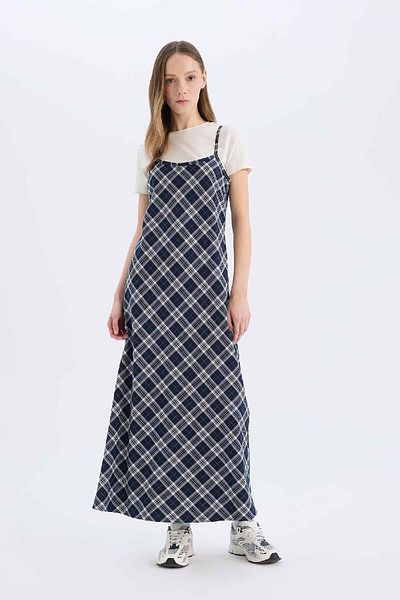 DeFacto Coool V-Neck καρό λουράκι Midi φόρεμα E4397ax25sp