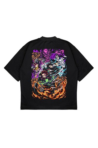 TRAGEDY Unisex Oversize Demon Slayer Μαύρη σειρά με εμπριμέ μπλουζάκι με χοντρό ύφασμα