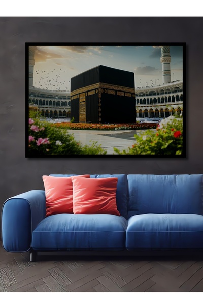 Teona Ahşap Çerçeve Görünümlü Kabe Muazzama İhtişamlı Yağlı Boya Görünümlü De...