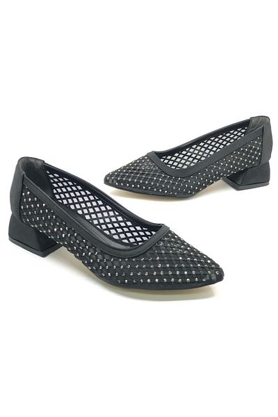 KOCAMANLAR Balerina de damă cu toc scurt Seribo Lace Stone DETALIAT NEGRU