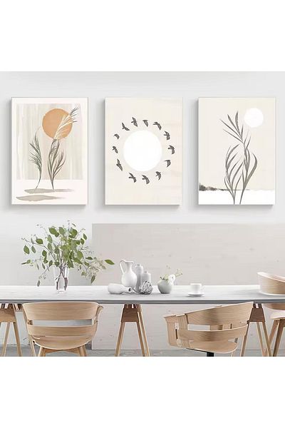 Linacci Set of 3 White Metal Frame Birds Leaf Glass Painting