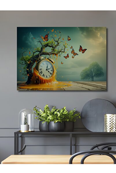 Teona Ahşap Saatli Kelebek Rüyası Yağlı Boya Görünümlü Dekoratif Ahşap Dekora...