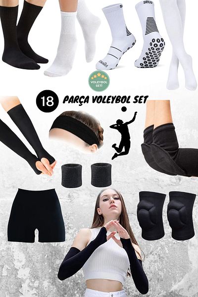 Sirius Sportswear 18 Pieces Volleyball Knee Pad&Elbow Brace&Ellipse&Mini Shorts&Non-Slip Socks&Headband&Hand Bracelet Set